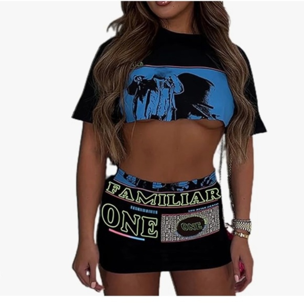 🚨‼️ NEW- Graphic Crop Top and Bodycon Mini Skirt Set “FAMILIAR”​